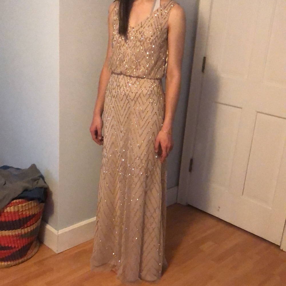 Sequined long gown, flouncy top